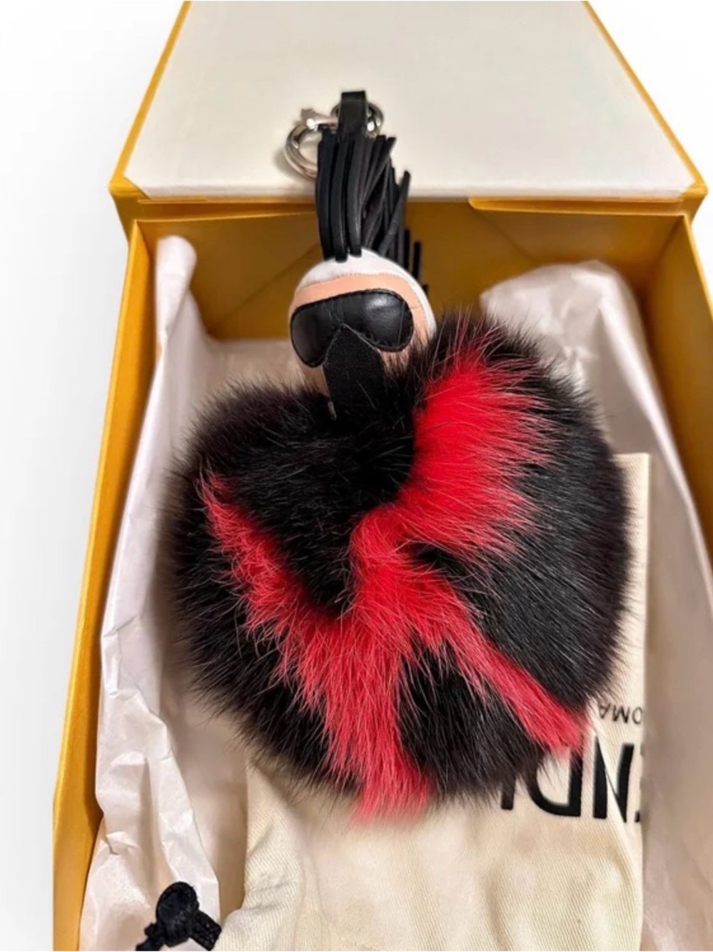 Fendi Black and Red Fur Pom Pom Bag Charm Key Holdery